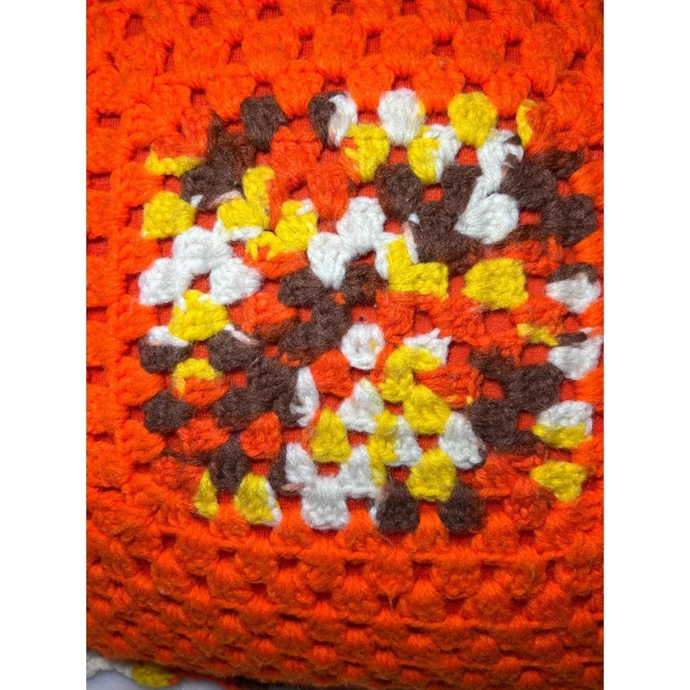 Vintage Handmade Crochet Granny Square Throw Pillow Orange Retro 70s Boho Decor